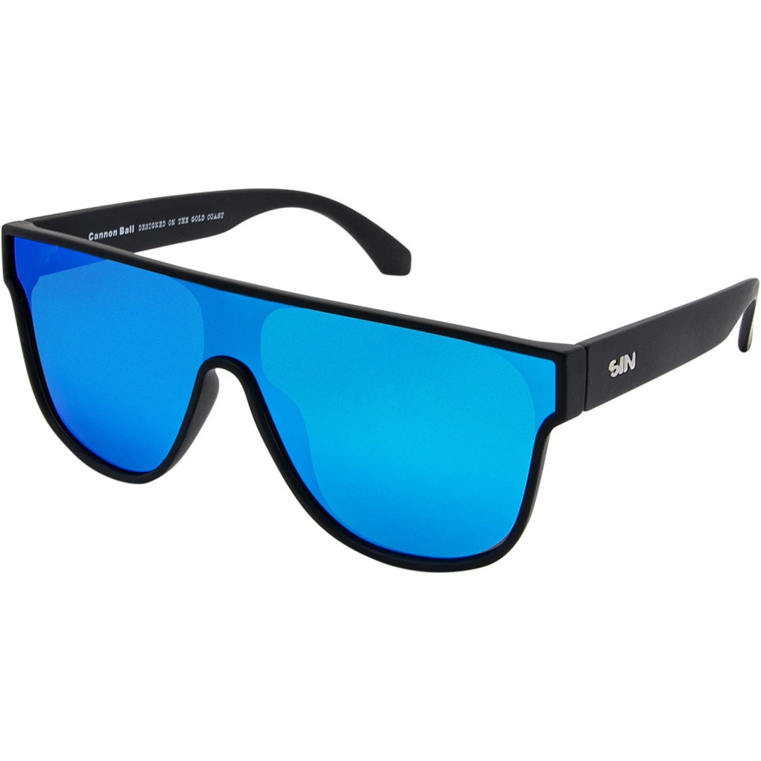 CANNON BALL Polarised Blue Mirrored Shield Sunglasses made of recycled plastic