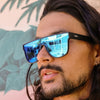 CANNON BALL Polarised Blue Mirrored Shield Sunglasses on a male model
