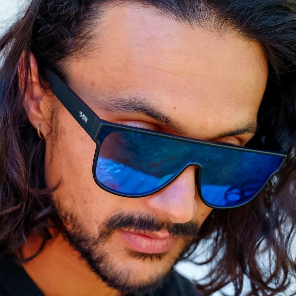 CANNON BALL Polarised Blue Mirrored Shield Sunglasses side view on a male model