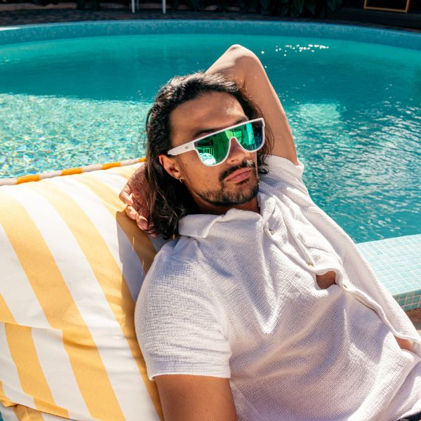 CANNON BALL Polarised Mirrored White Shield Sunglasses on a male model