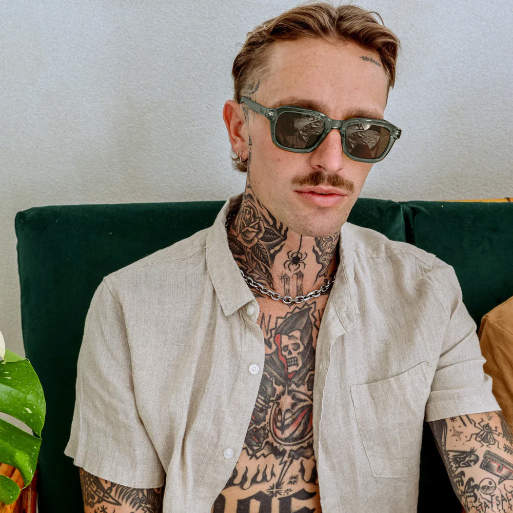 Chiller Polarised Green Square Sunglasses on a male model