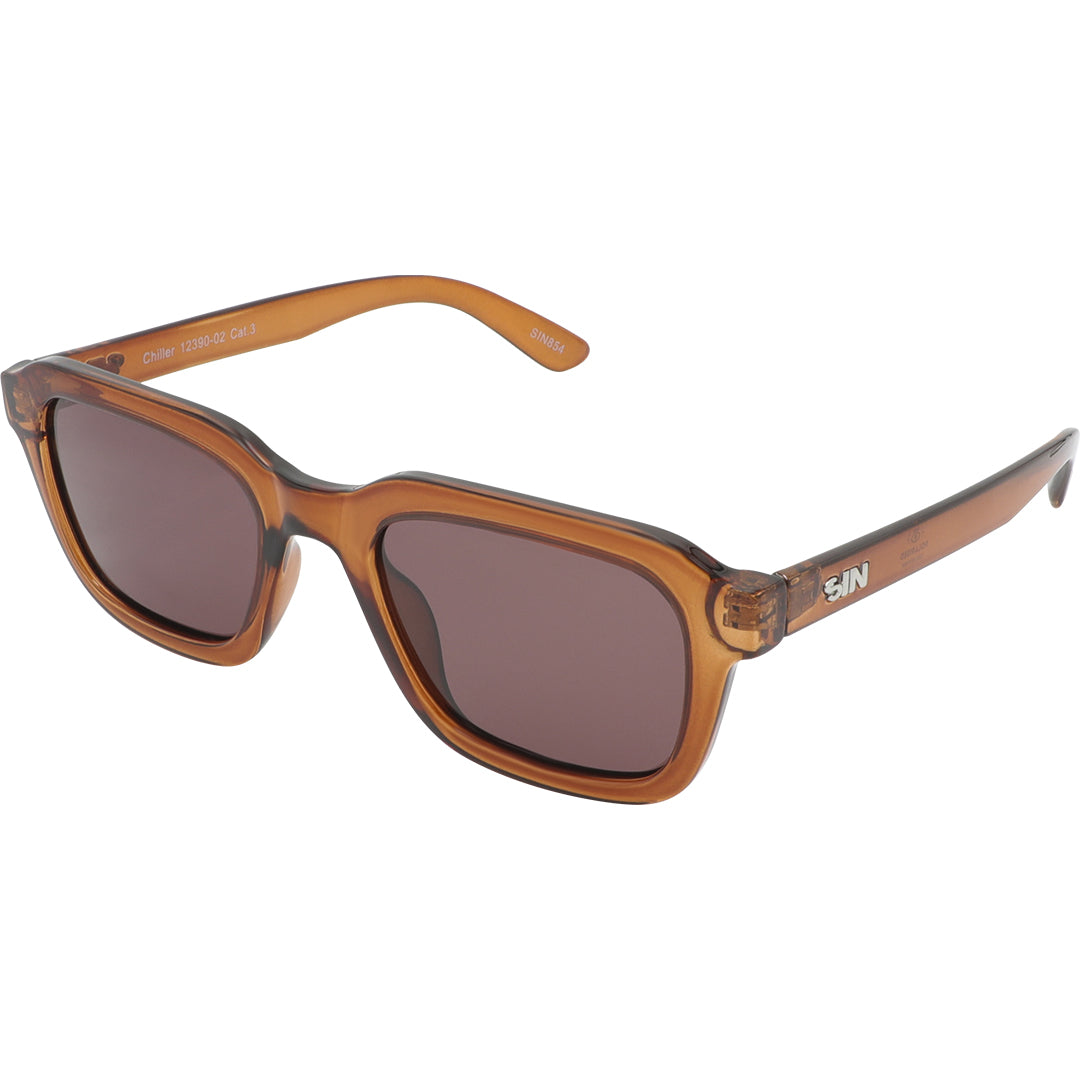 Chiller Polarised Translucent Brown Square Sunglasses with Purple Lens made of recycled plastic