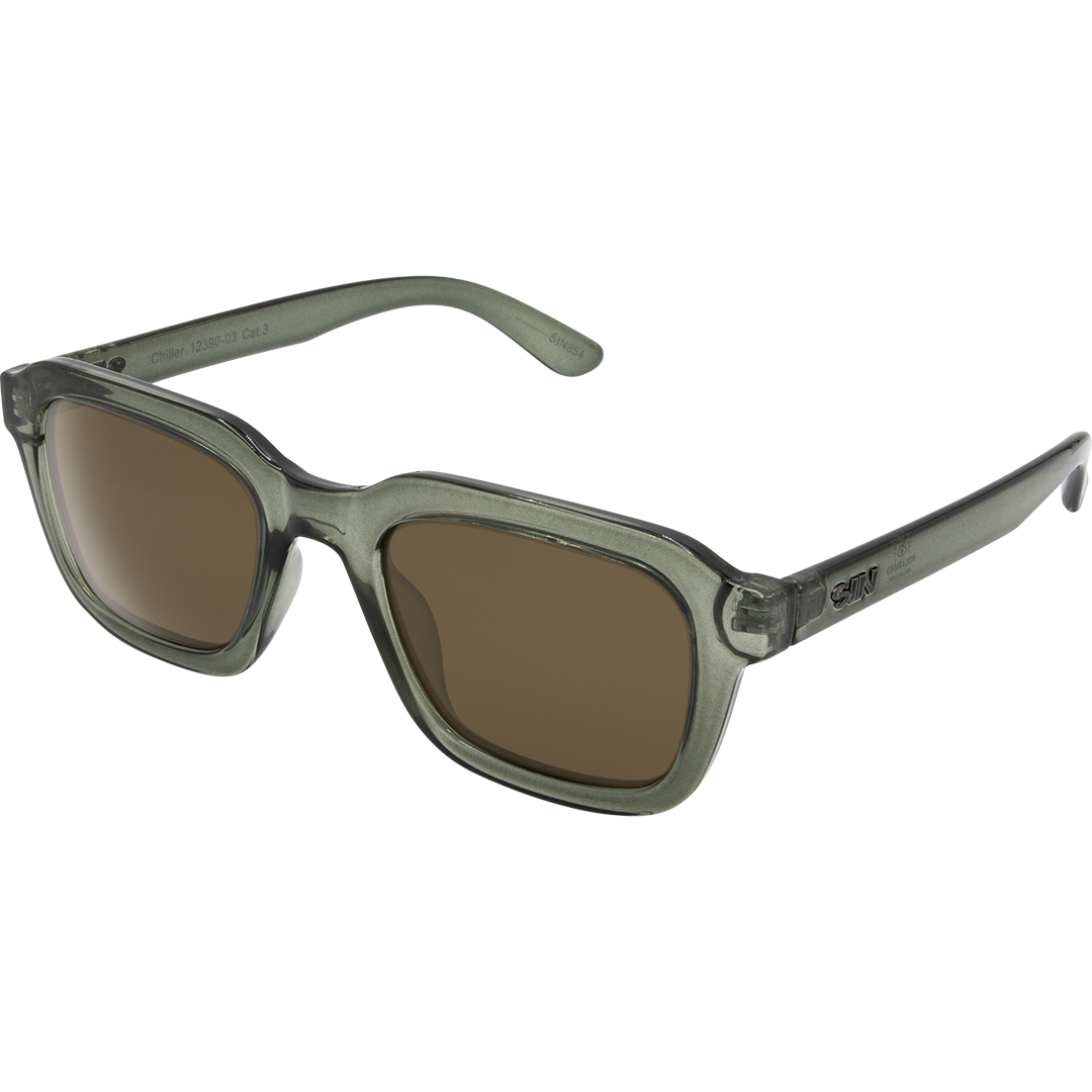 Chiller Polarised Translucent Green Square Sunglasses with Brown Lens made of recycled plastic