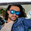 JACKPOT Polarised Blue Shield Sunglasses on a male model