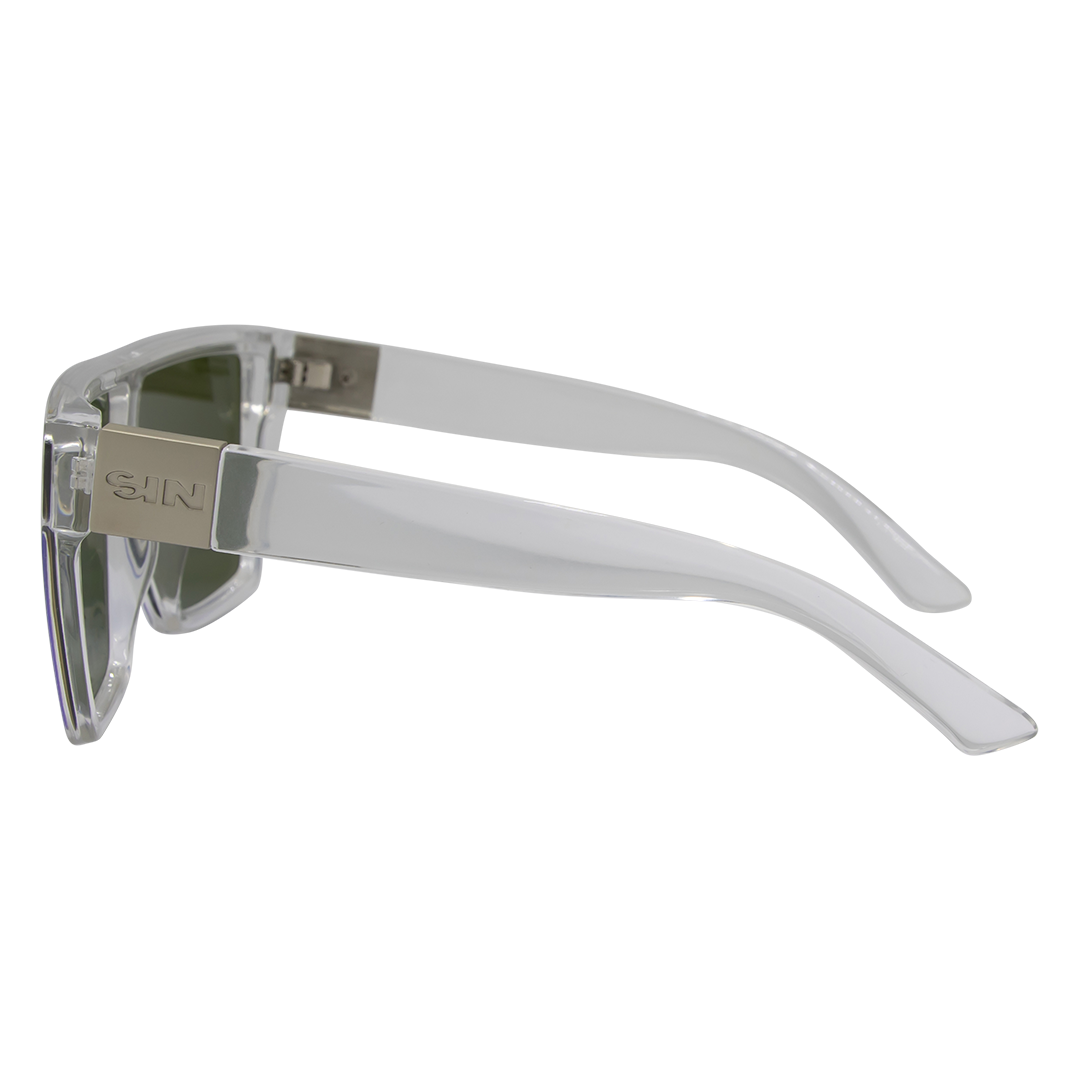 LOOSE CANNON Polarised Shield Square Sunglasses with Clear Frame and Blue Mirrored Lens left side view