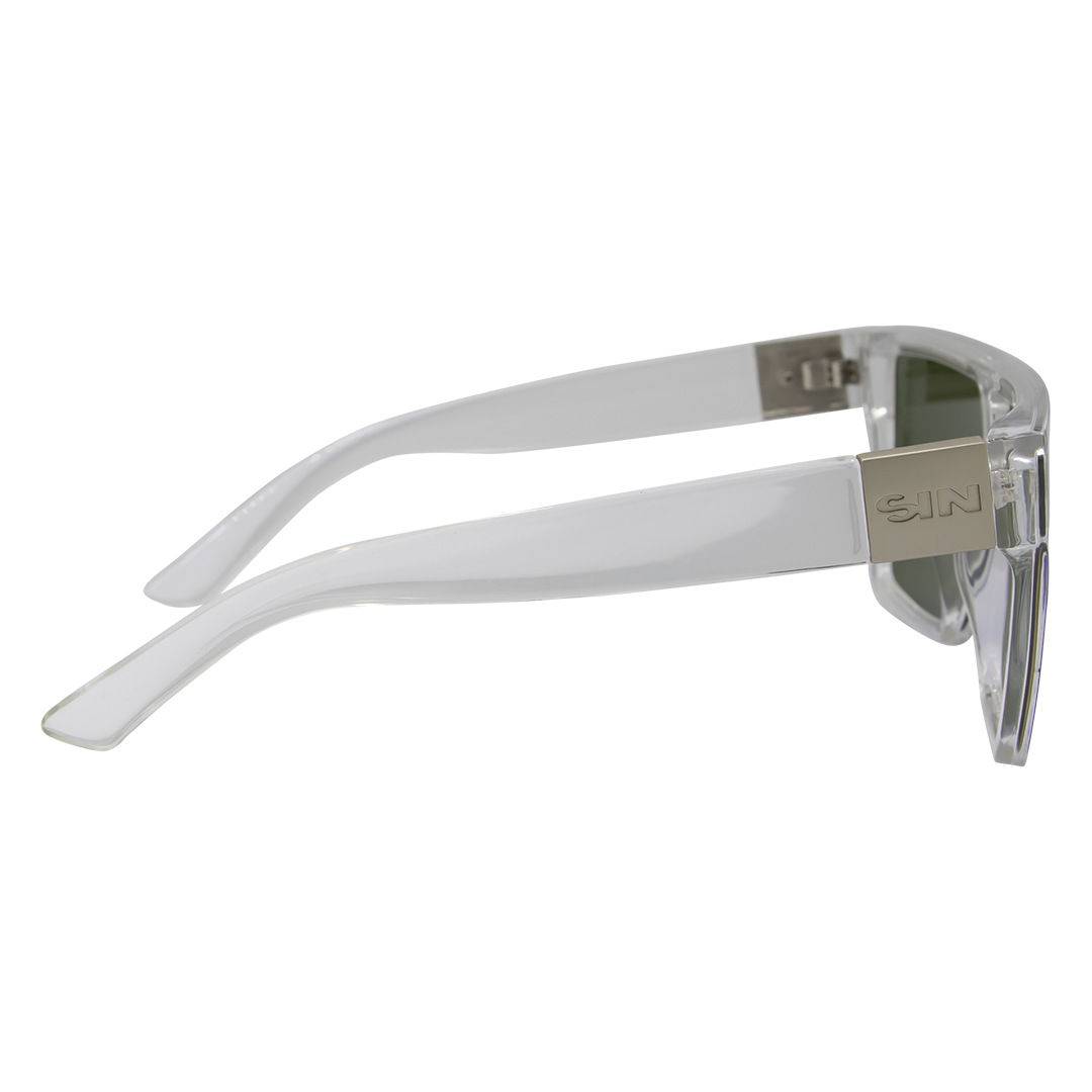 LOOSE CANNON Polarised Shield Square Sunglasses with Clear Frame and Blue Mirrored Lens right side view