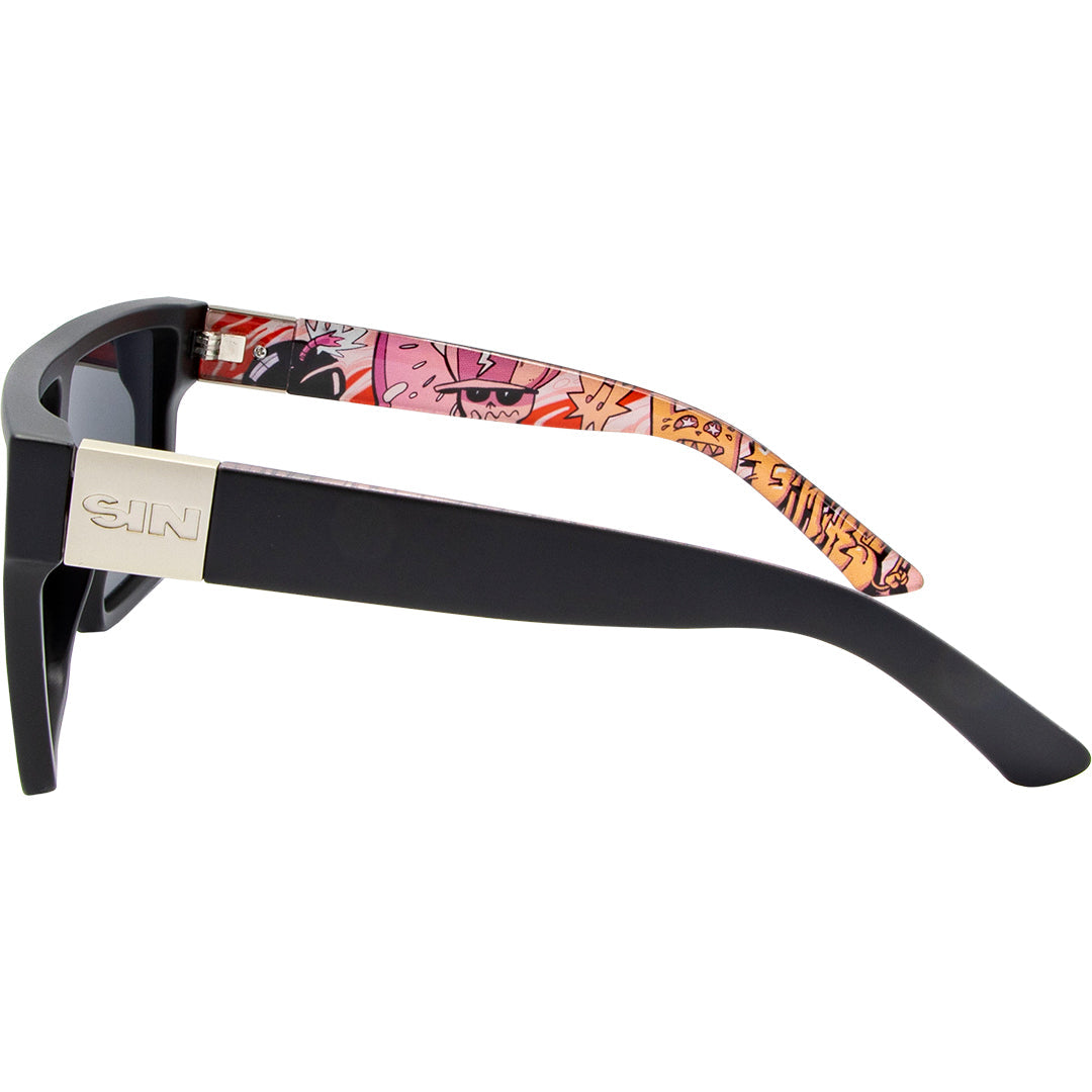 LOOSE CANNON Polarised Shield Square Sunglasses with Matt Black Frame and Silver Mirrored Lens left view