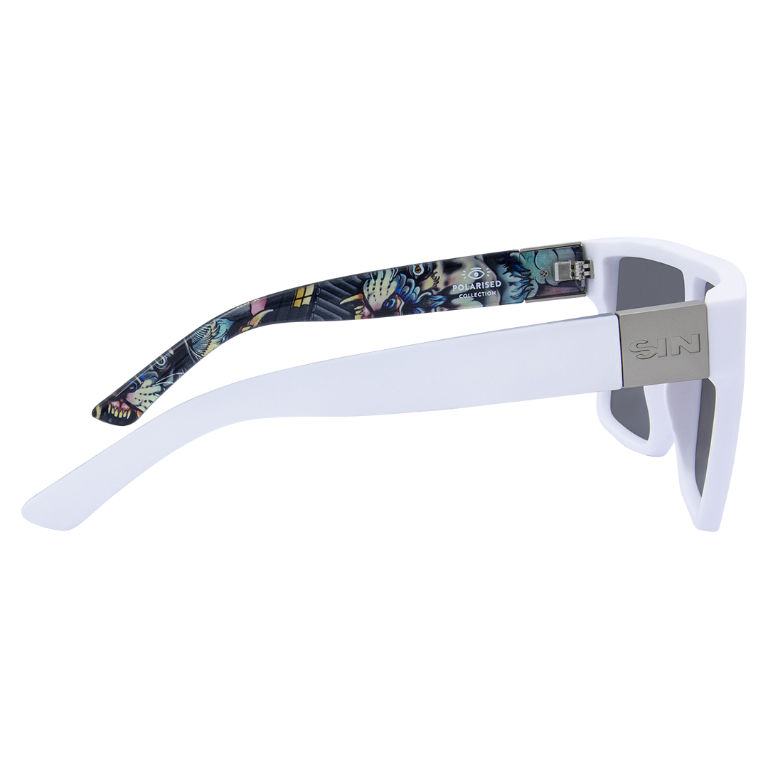LOOSE CANNON Polarised Shield Square Sunglasses with White Frame and Blue Mirrored right view