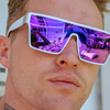 LOOSE CANNON Polarised White Shield Square Sunglasses with Purple Mirrored Lens on a male model