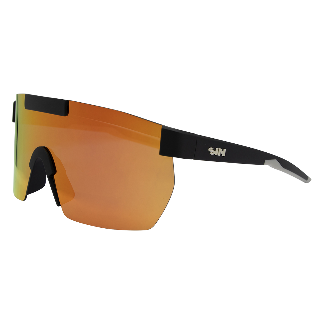Paradigm Polarised Shield Sunglasses with Black Frame & Red Lens front left view