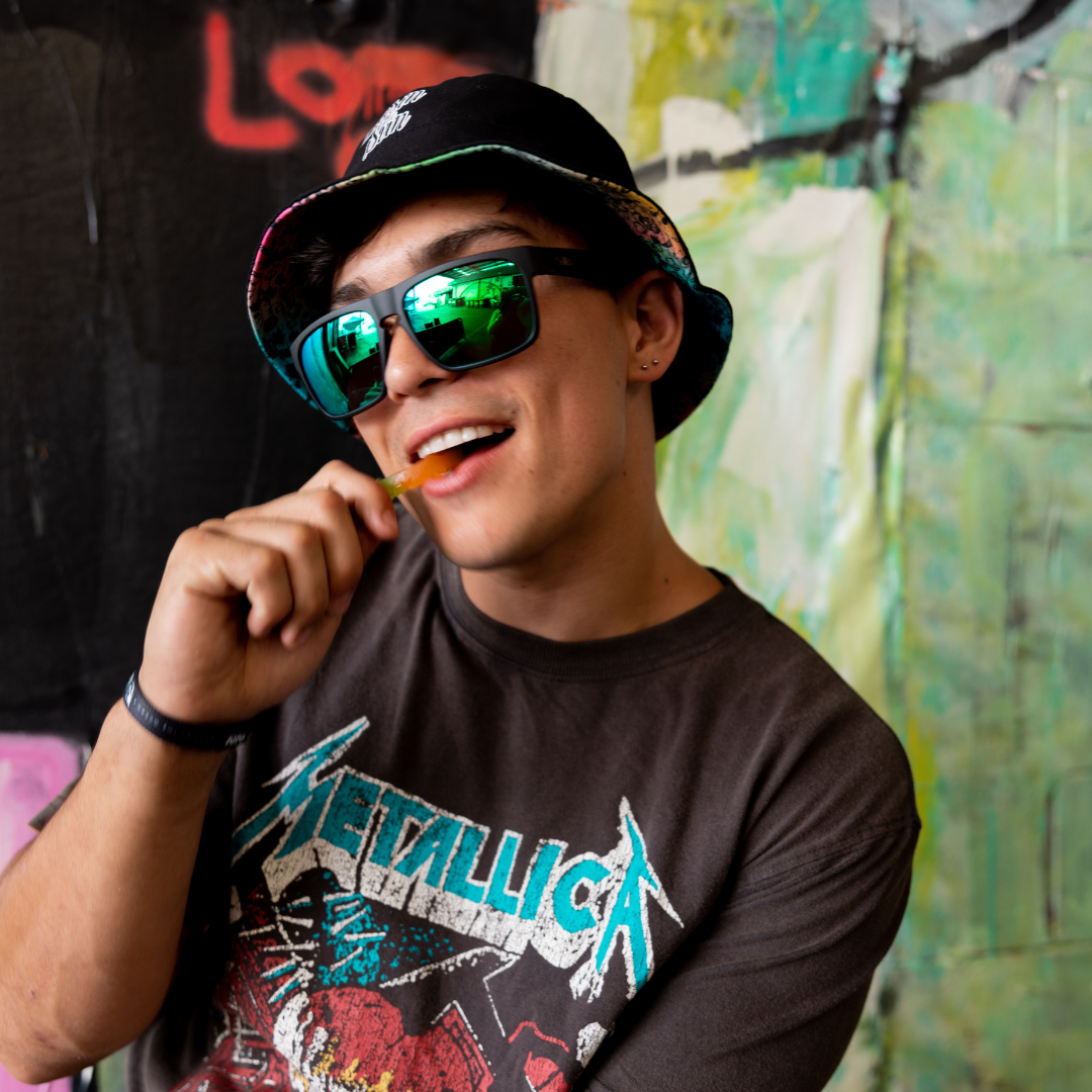 Peccant Polarised Black Rectangle Sunglasses with Blue Lens on a male model