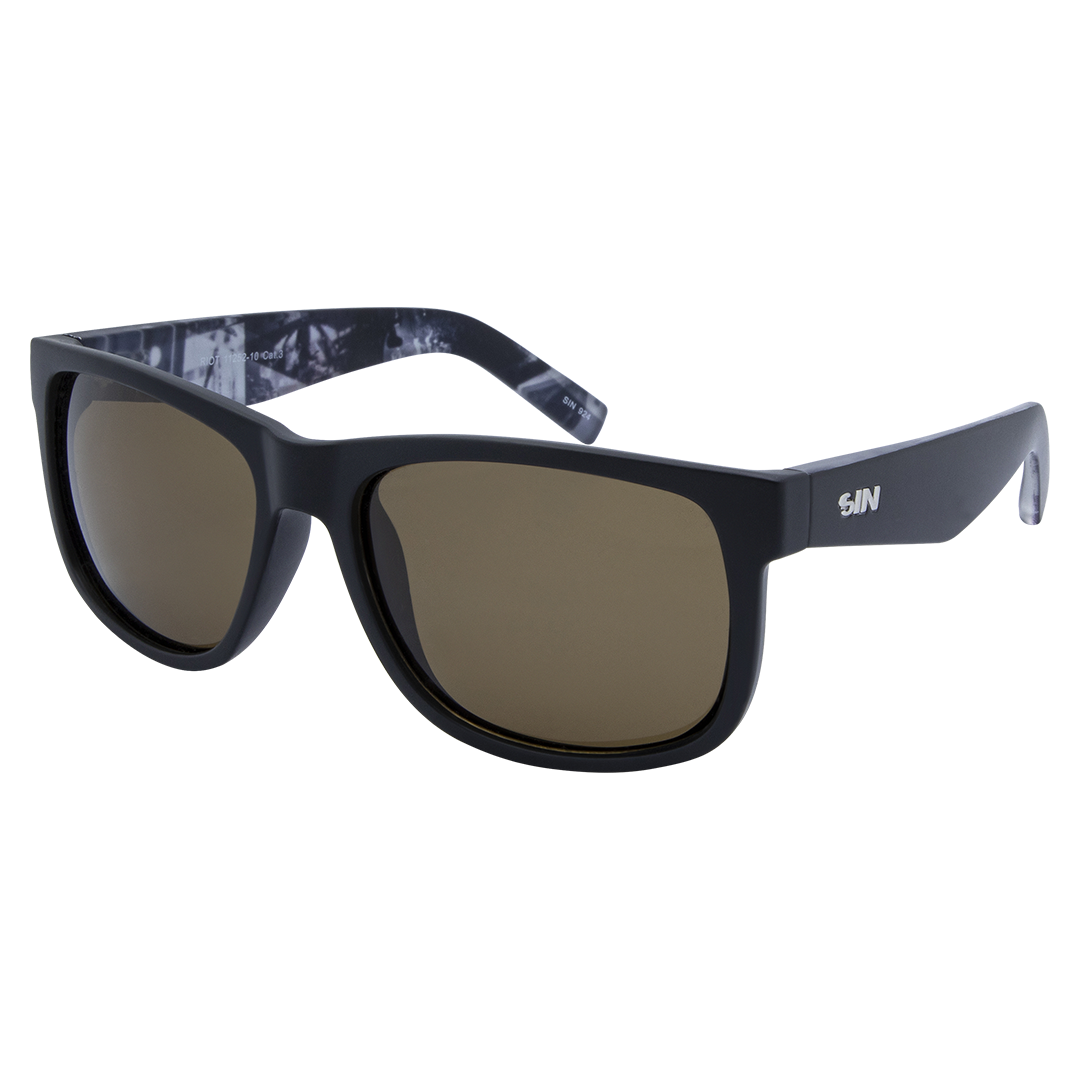 Riot Polarised Black Rectangle Brown Sunglasses made of premium TR-90 material and Inner Print Arms
