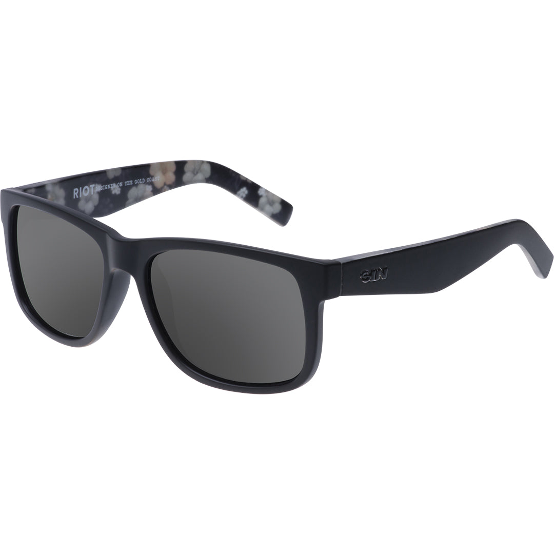 Riot Polarised Matt Black Rectangle Sunglasses with Inner Temple Print Arms