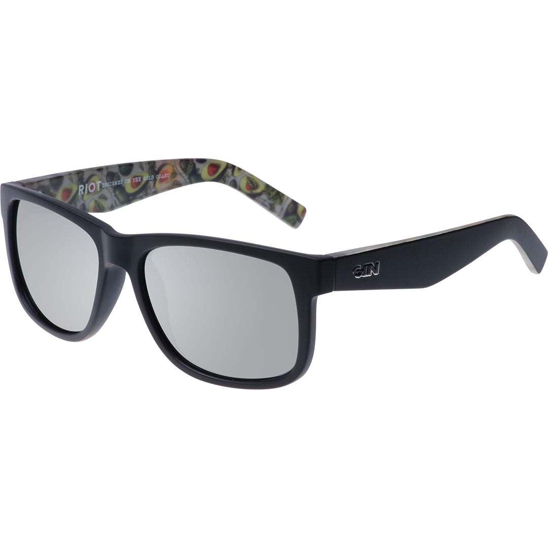 Riot Polarised Matt Black Rectangle Sunglasses with Silver Lens and Inner Print Arms