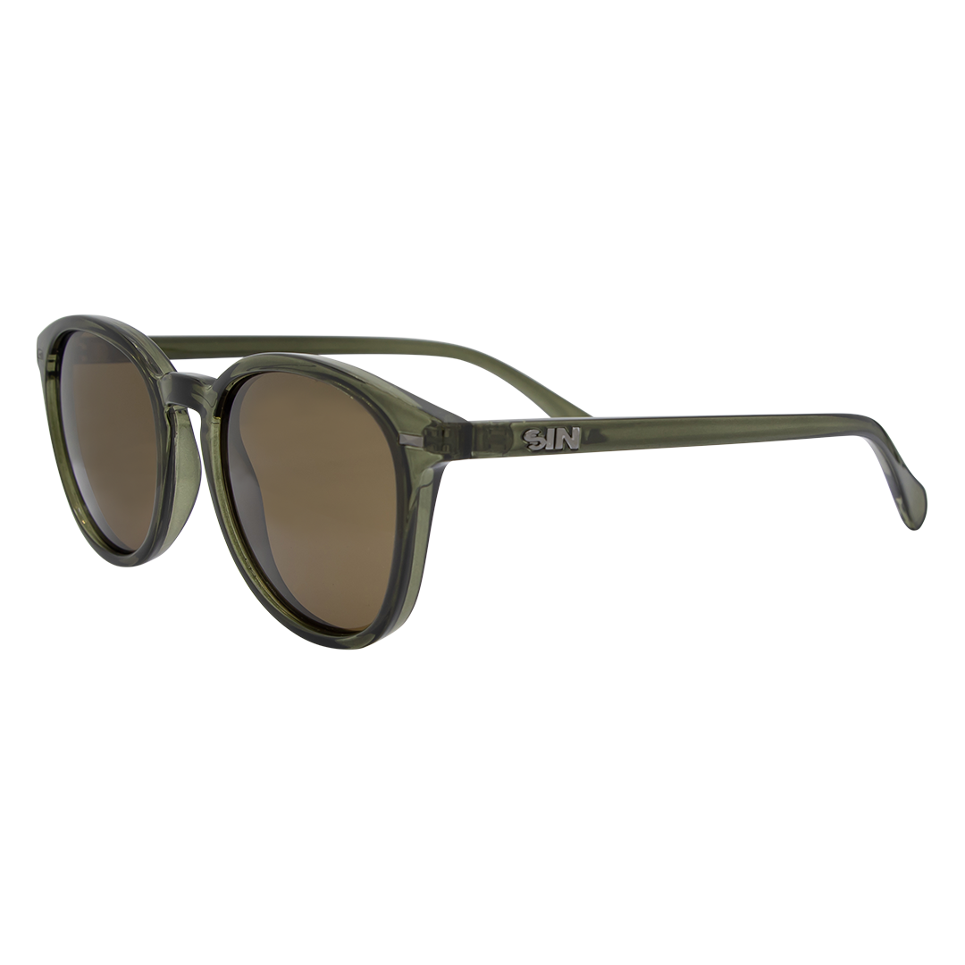 Risky Business Polarised Clear Frame Green & Brown Round Sunglasses front left view
