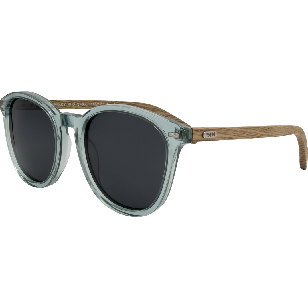 Risky Business Polarised Round Blue Sunglasses with Wooden temples front left view