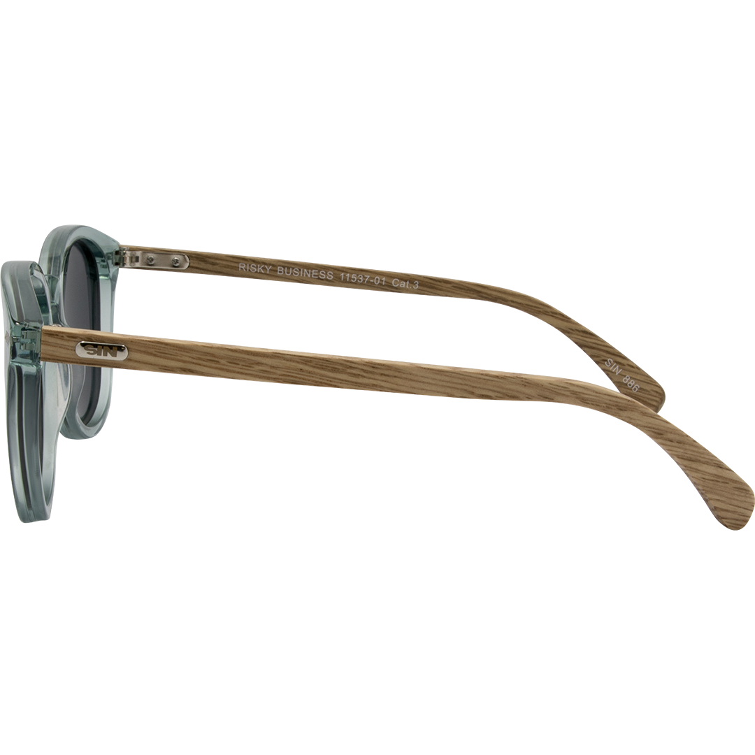 Risky Business Polarised Round Blue Sunglasses with Wooden temples left view
