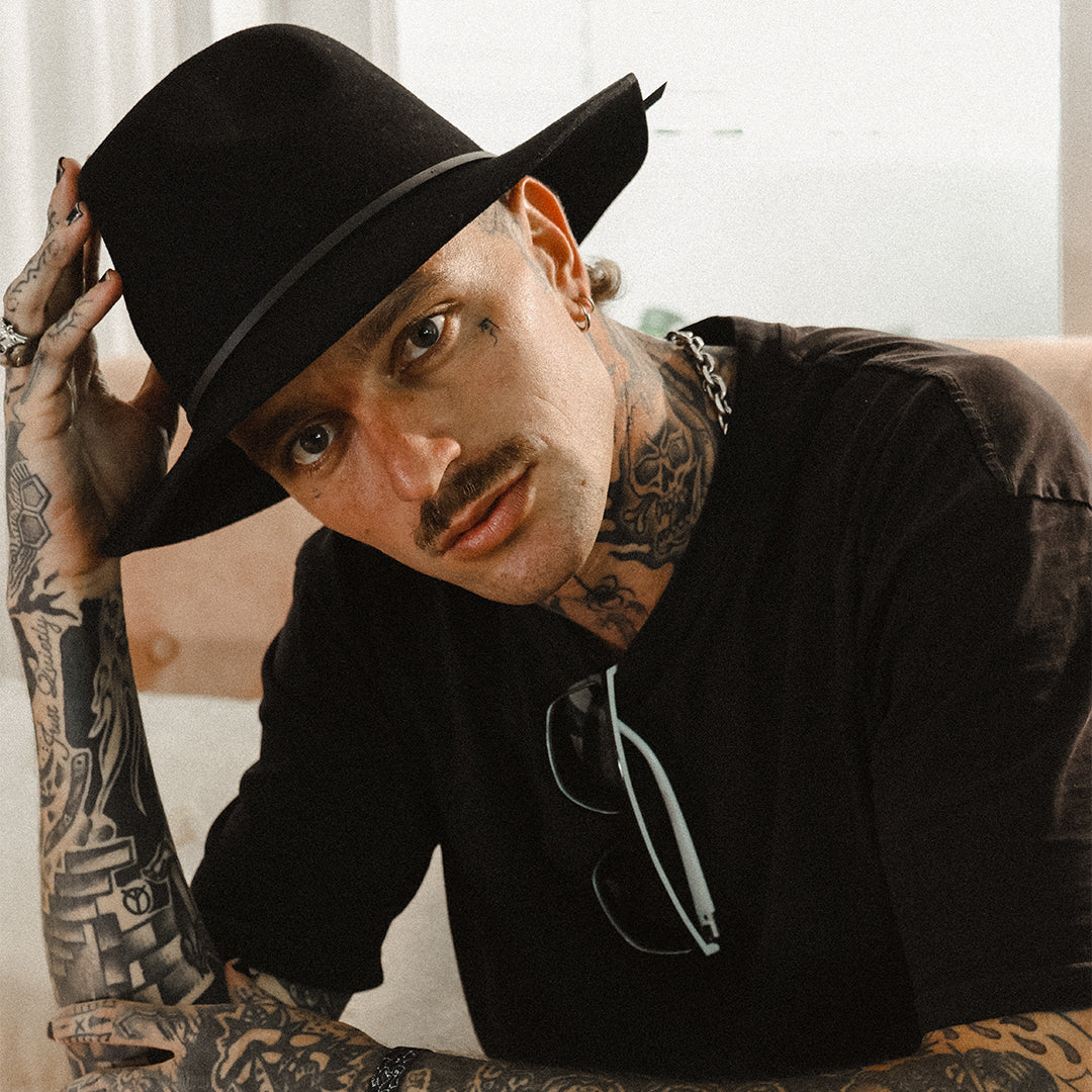 SIN Black Felt Fedora Hat on a male model