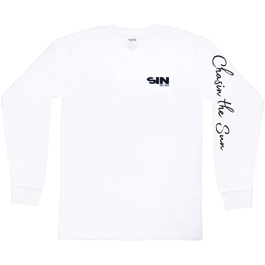 SIN Chasin the Sun Chest Print White Long Sleeve T-Shirt made of 100% Cotton