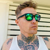 SWAGGER Polarised Black Round Mirrored Sunglasses with green lens on male model