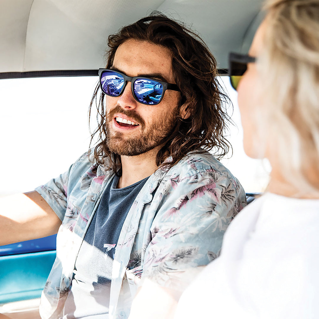 Spartan Polarised Blue Rectangle Mirrored Sunglasses on a male model