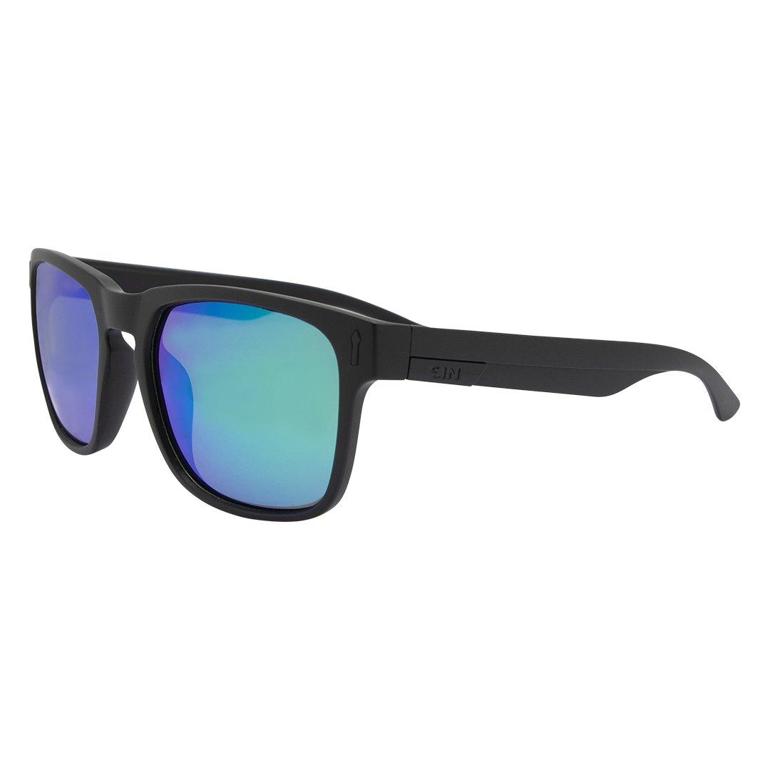 Spartan Polarised Rectangle Mirrored Sunglasses with Black Frame and Green Lens front left view