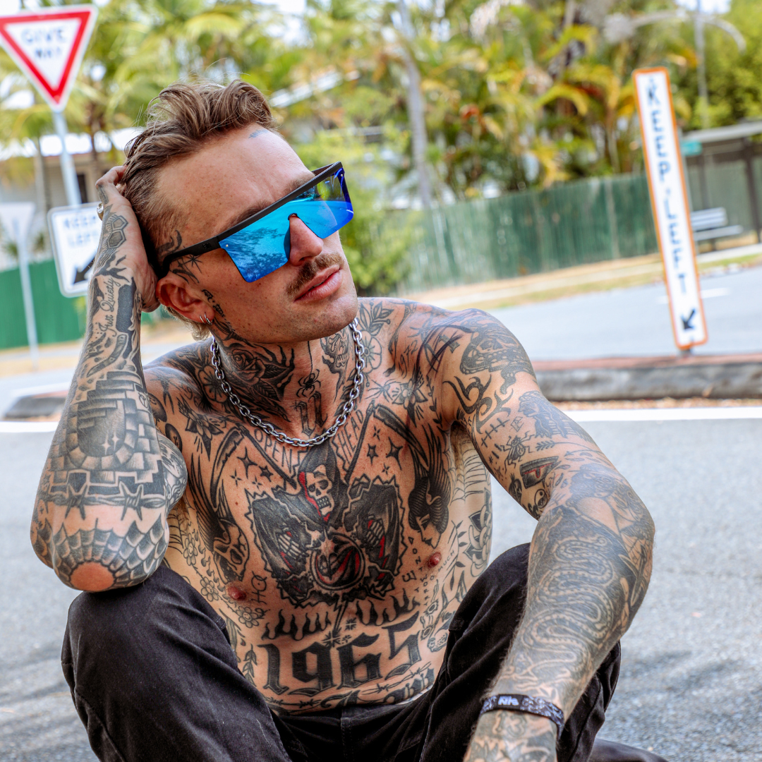 THE BAR Black Polarised Blue Square Sunglasses on a male model
