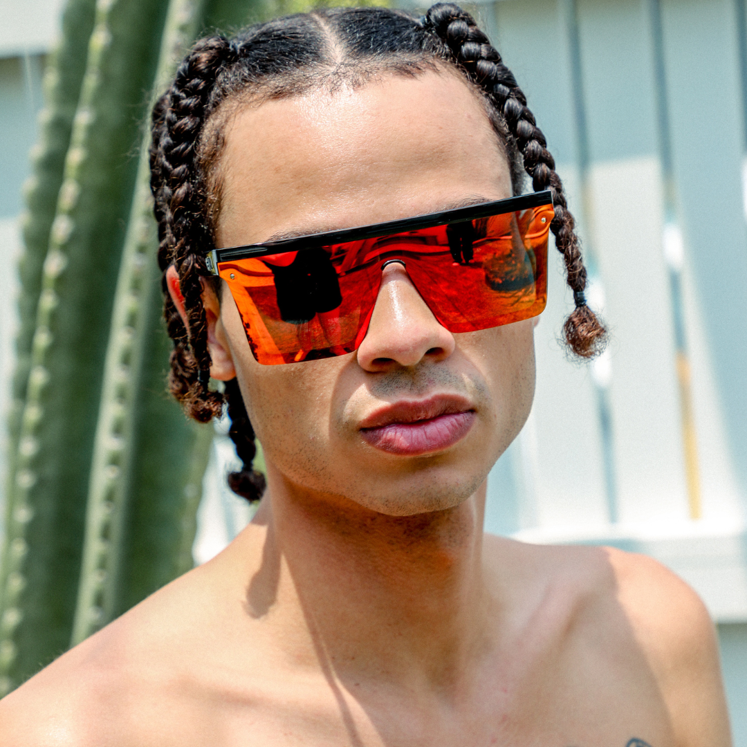 THE BAR Polarised Black Square Red Sunglasses on a male model