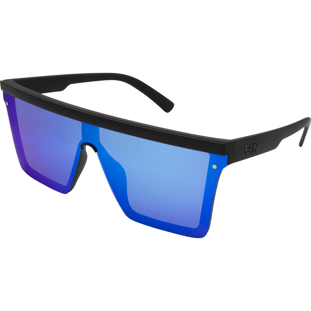 THE BAR Polarised Black Square Sunglasses made of an oversized blue shield lens