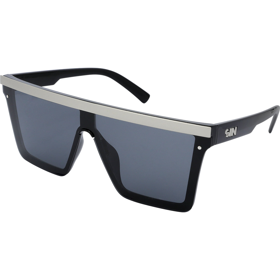THE BAR Polarised Black Square Sunglasses made of an oversized shield and matte silver bar