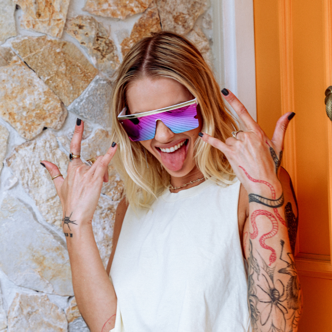 THE BAR Polarised White Square Purple Sunglasses on a female model
