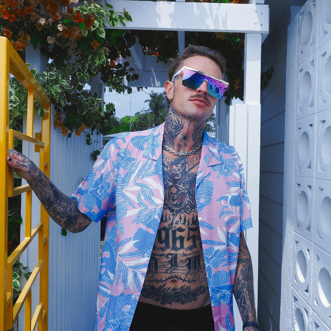 THE BAR Polarised White Square Purple Sunglasses on a male model