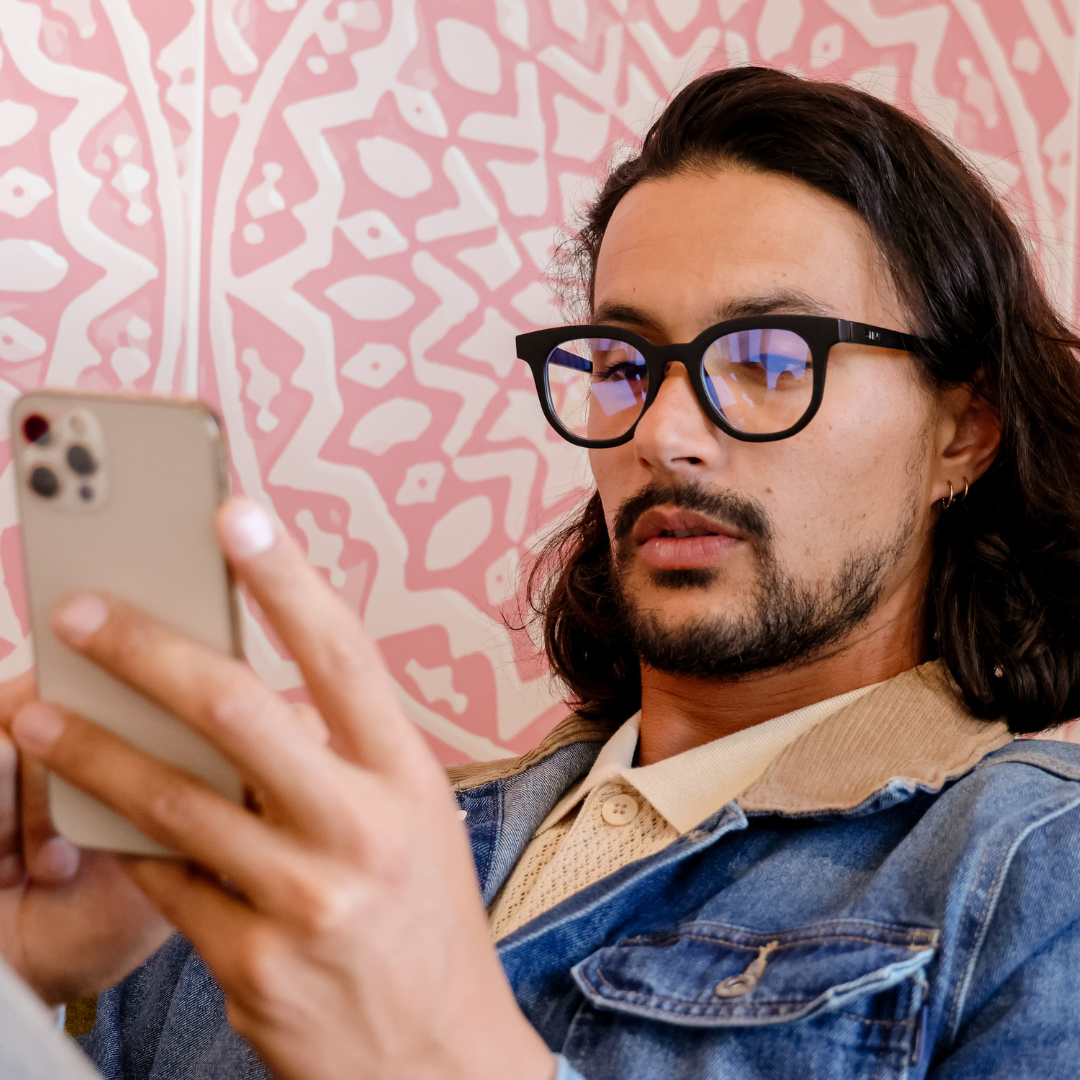 Vegas Black Round Blue Light Glasses side view on a male model