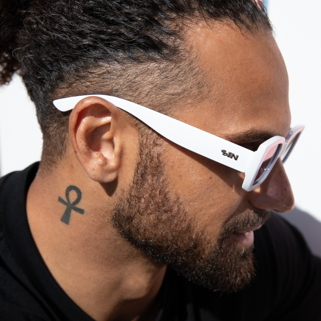 Ahoy Polarised White Rectangle Sunglasses side view on a male model