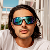Blaze Polarised Mirrored Blue Wrap Around Sunglasses on a male model