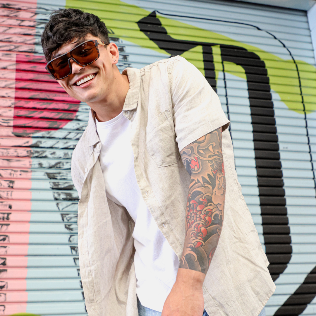 JACKPOT Polarised Tort Shield Sunglasses on a male smiling model