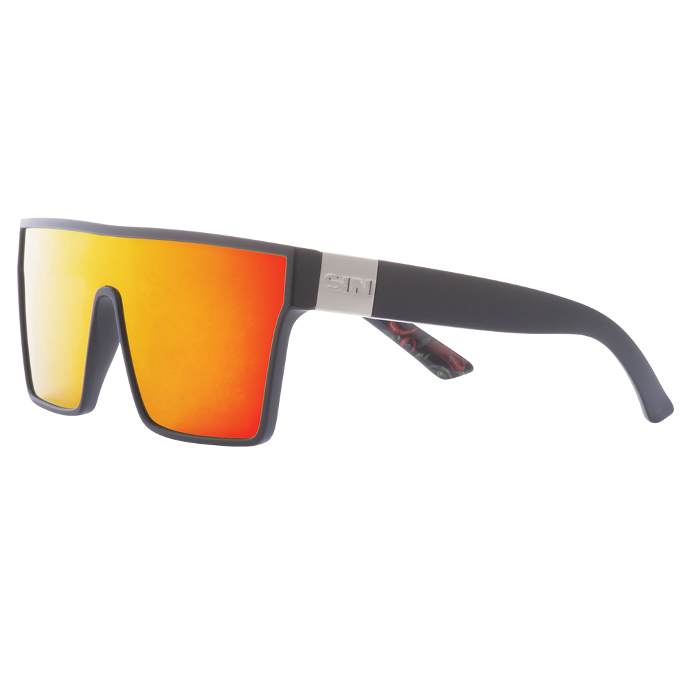 LOOSE CANNON Polarised Shield Square Sunglasses with Matt Black Frame and Red Mirrored Lens front left side view