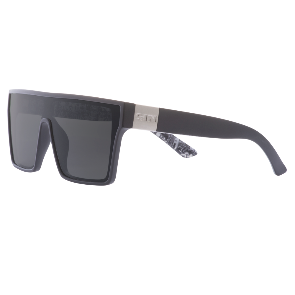 LOOSE CANNON Polarised Shield Square Sunglasses with Matt Black Frame and Smoke Lens front left view