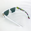 LOOSE CANNON Polarised Shield Square Sunglasses with White Frame and Purple Mirrored Lens back view on at table