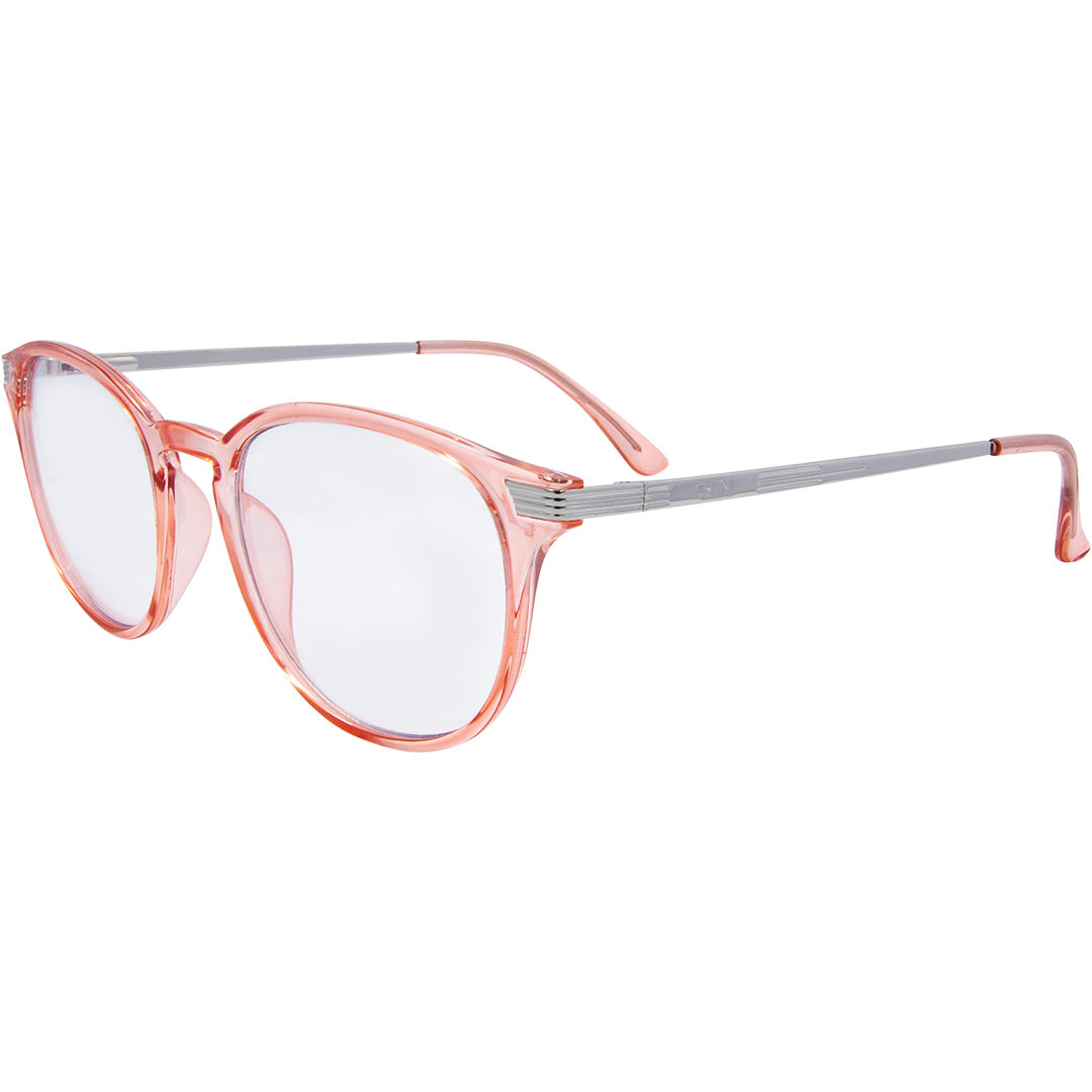 Love Child Round Blue Light Glasses with Pink Frame front left view
