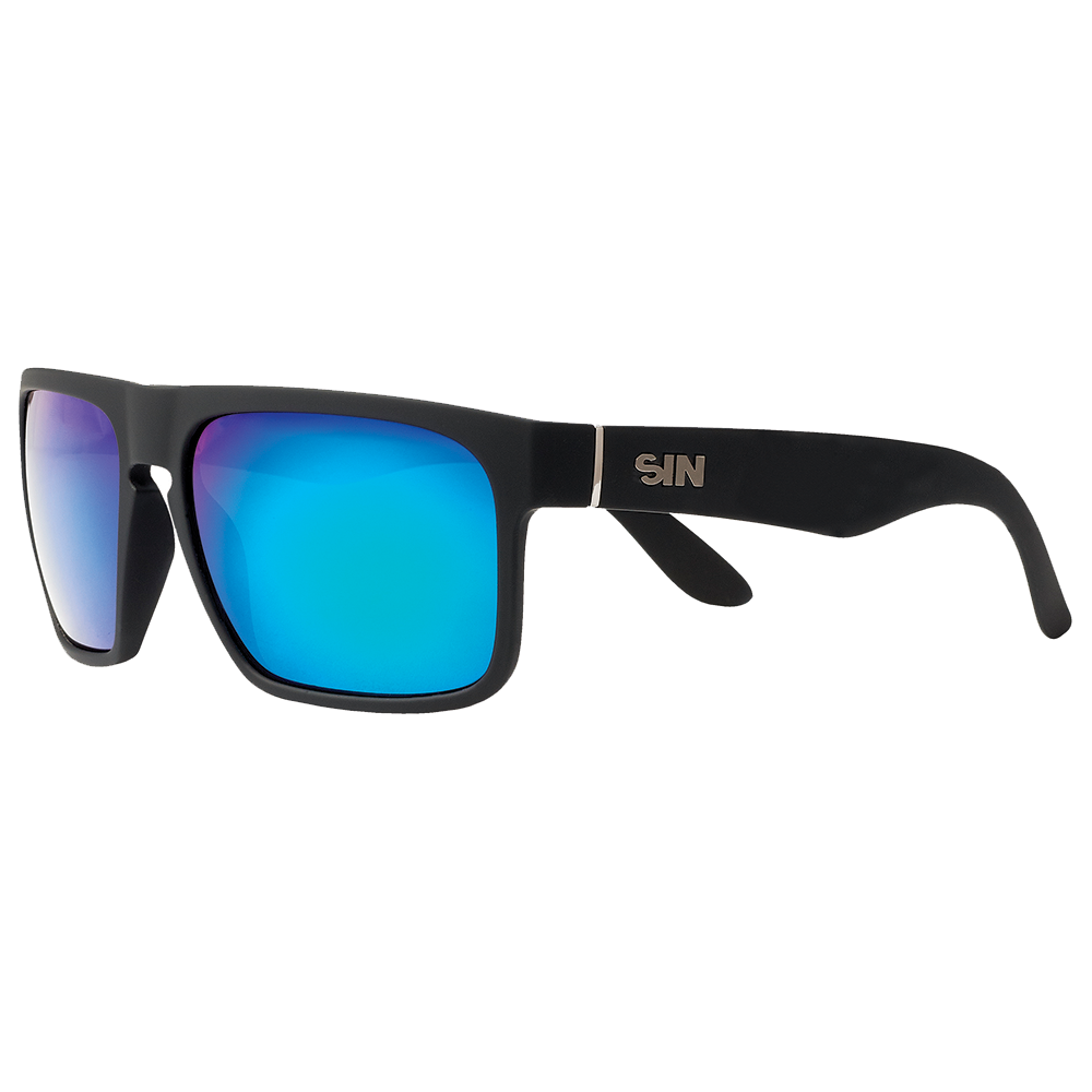 Peccant Polarised Rectangle Sunglasses with Black Frame and Blue Lens left view