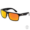Peccant Polarised Rectangle Sunglasses with Black Frame and Red Lens front left view