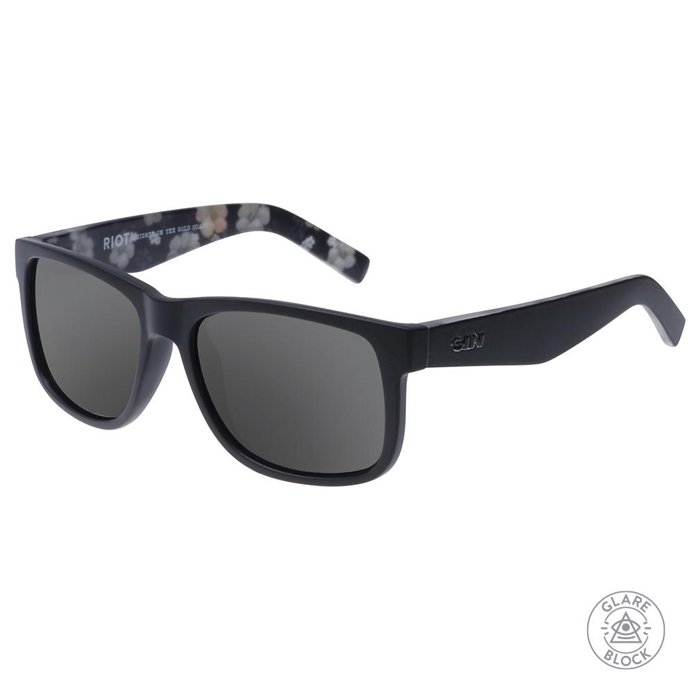 Riot Polarised Matt Black Rectangle Sunglasses with Inner Temple Print Arms and Glare Block