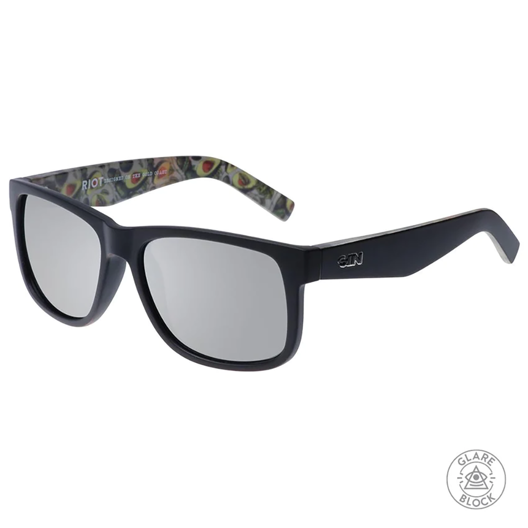 Riot Polarised Matt Black Rectangle Sunglasses with Silver Lens and Inner Print Arms and Glare Block