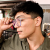 Risky Business Clear Frame Champagne Round Blue Light Glasses side view on a male model