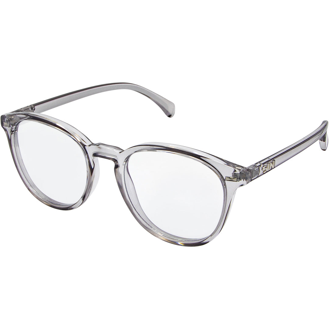 Risky Business Clear Frame Grey Round Blue Light Glasses made of recycled plastic