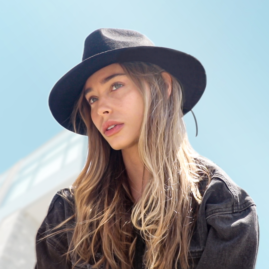 SIN Black Felt Fedora Hat on a female model