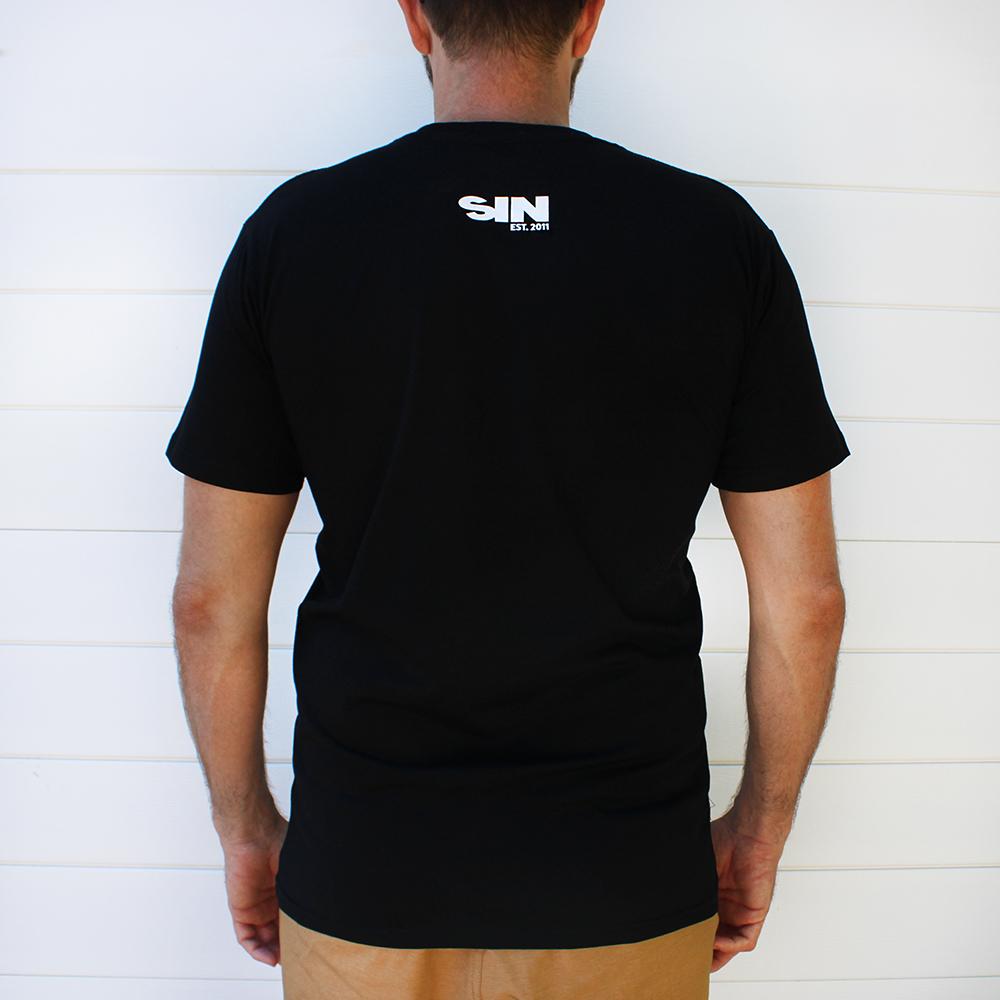 SIN East Coast Sun Chasers V2 Black T-Shirt back view on male model