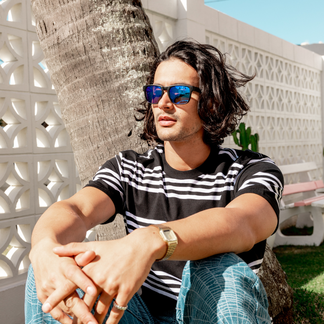 Spartan Polarised Blue Rectangle Mirrored Sunglasses side view on a male model