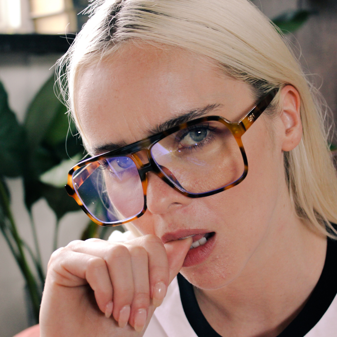 THE DUKE Tortoise Shell Aviator Blue Light Glasses side view on a female model